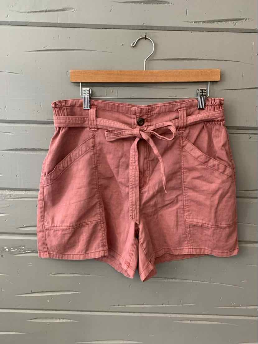 High-waist dusty rose shorts with paperbag waist and front tie belt.