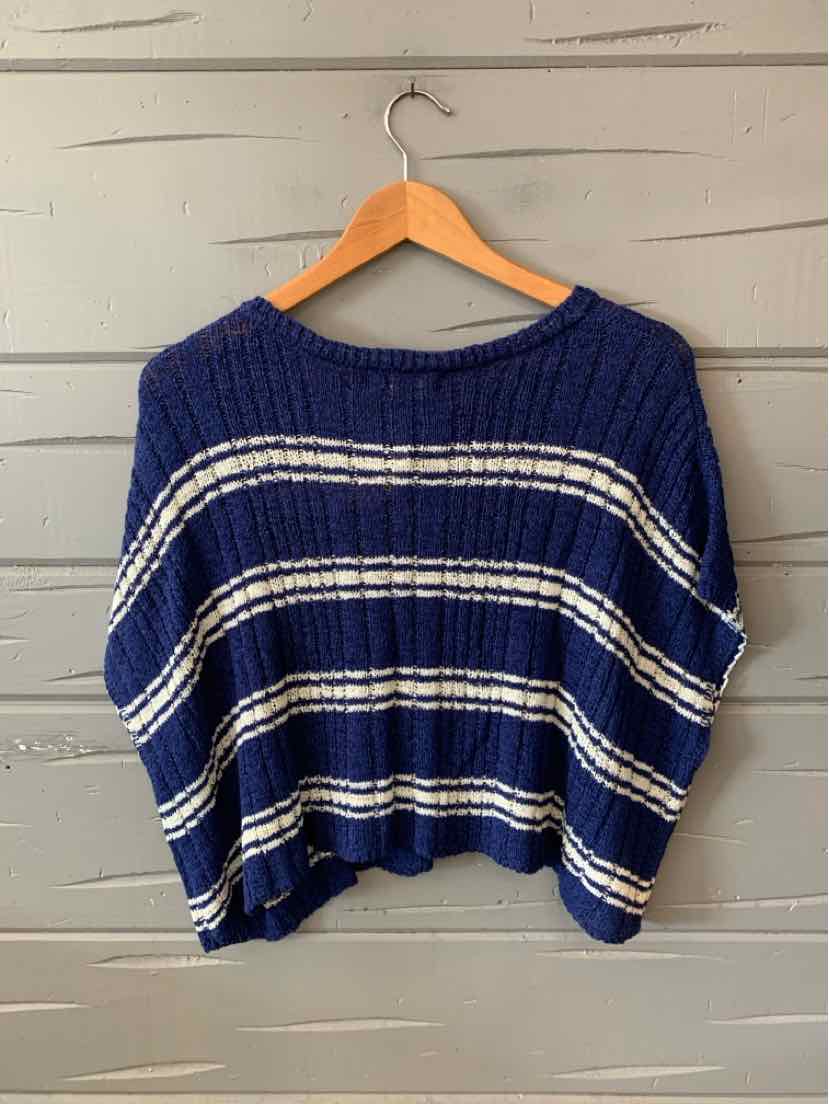 Navy blue knit sweater with white horizontal stripes and a wide round neckline.
