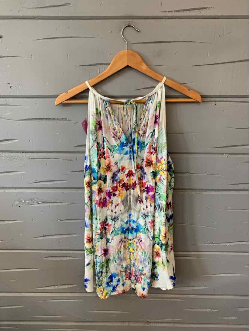 Sleeveless floral print tank top in multicolor with scoop neckline and relaxed fit.