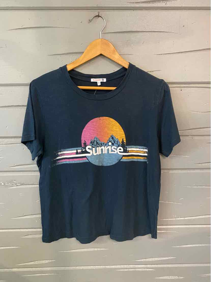 Navy blue short-sleeve cotton t-shirt with a colorful sunset graphic and "Sunrise" text across the chest.