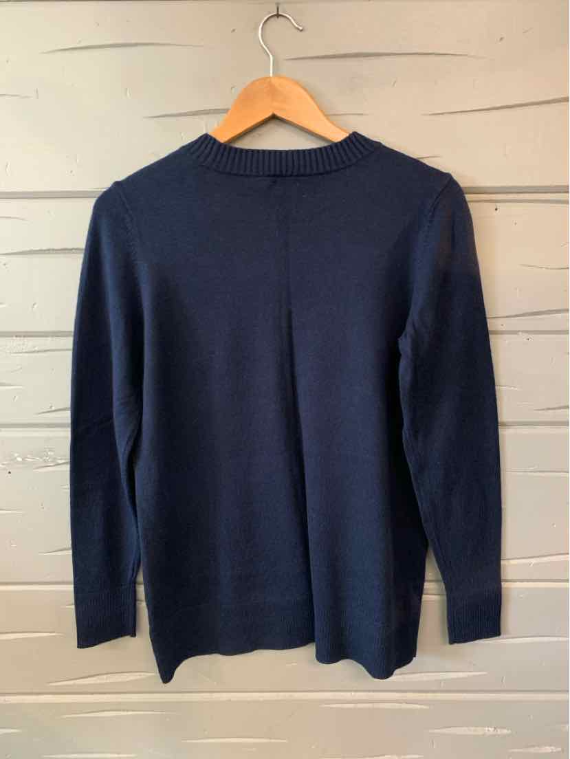 Navy blue long-sleeve knit sweater with crew neckline, medium size.