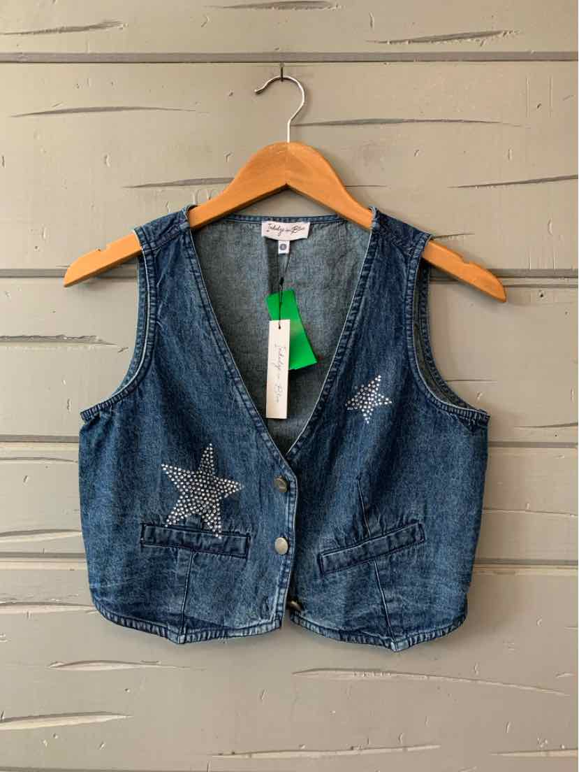 Denim vest with sleeveless design, button front, and star patches on left chest and right hip pockets.