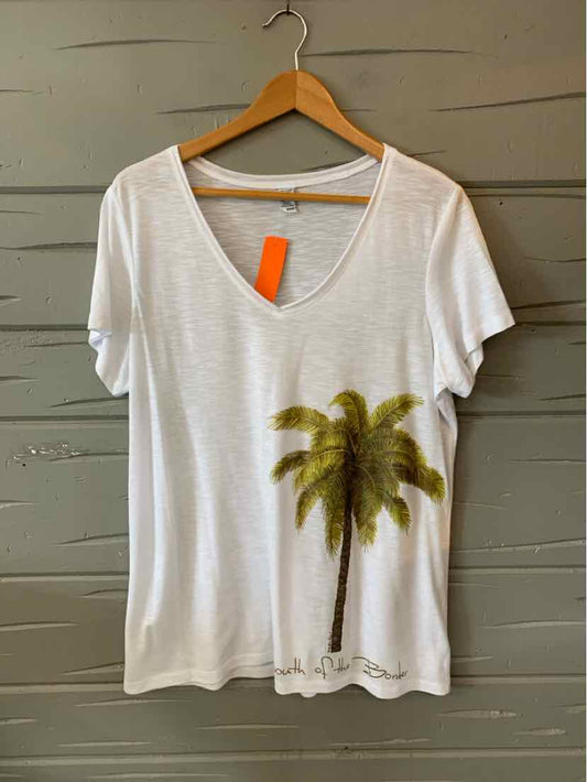 White short-sleeve V-neck T-shirt with a green palm tree graphic on the lower left side, size XL.