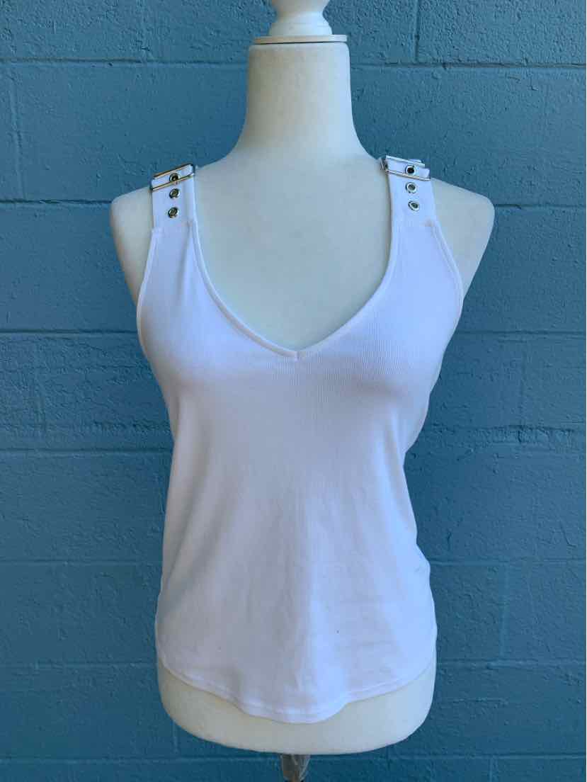 White sleeveless tank top with V-neck and double button detail on shoulder straps.