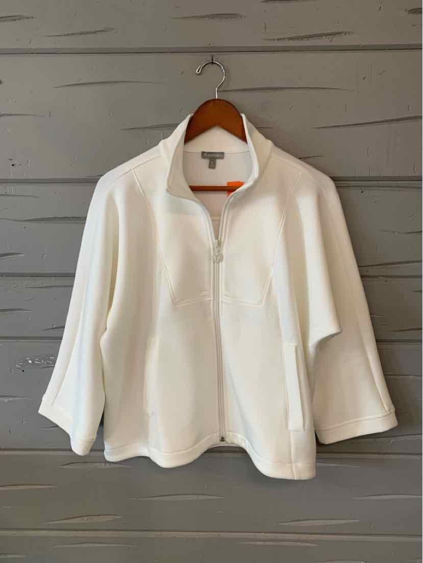 White quarter-zip pullover with a stand collar and relaxed long sleeves on a wooden hanger.