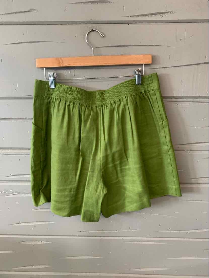 Green shorts hanging on gray wall
