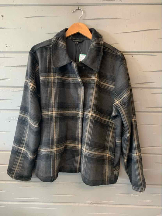 Gray flannel shirt jacket with brown and beige plaid pattern, button front, and collar in XXL size.
