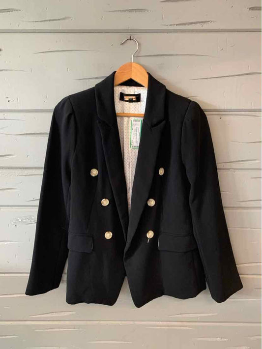 Black double-breasted blazer with gold buttons and notched lapels, size small.