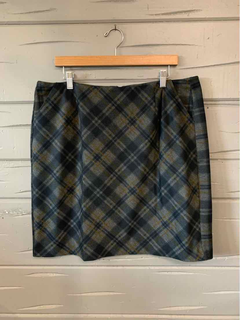 Gray plaid straight skirt with subtle blue and black lines, knee-length, size 16.