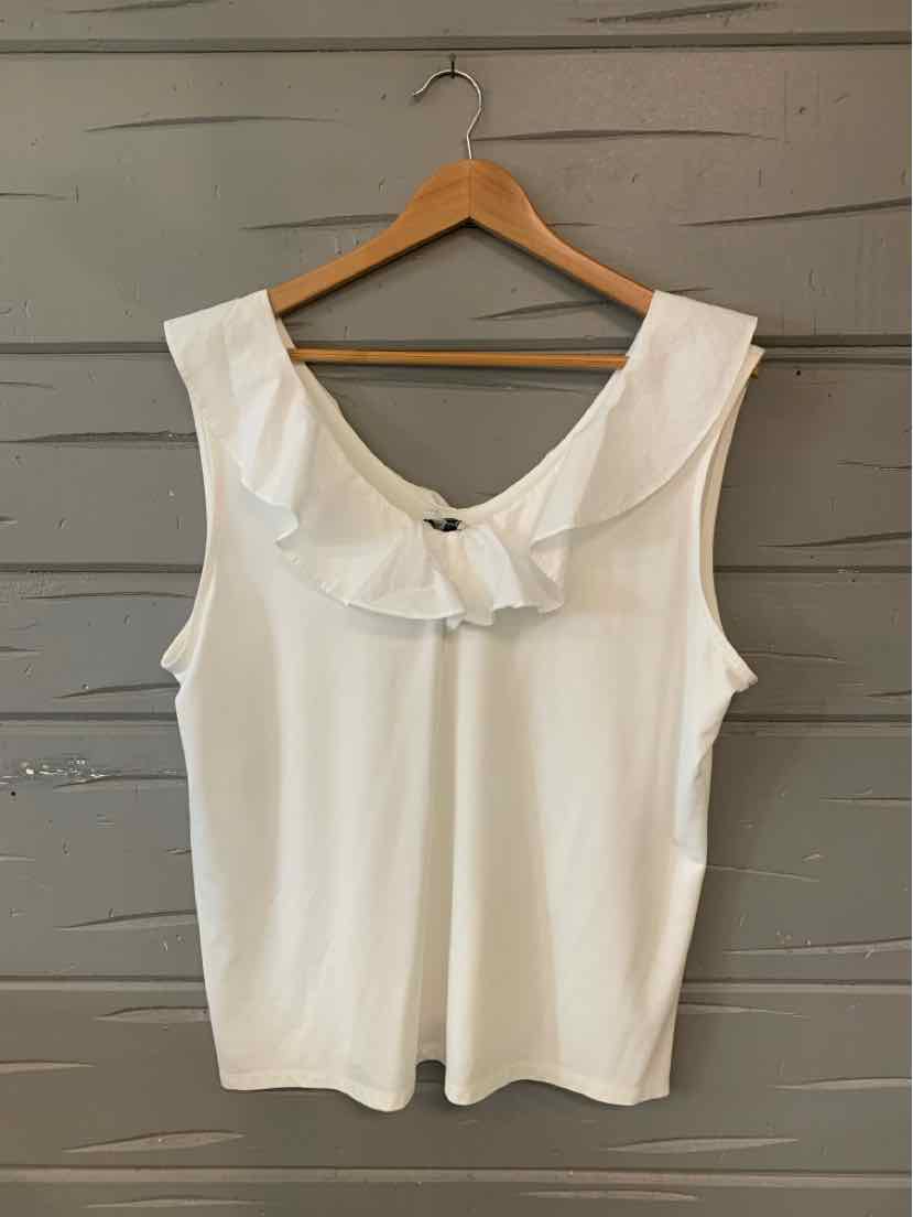 White sleeveless top with ruffled V-neckline in size XL hanging on wooden hanger.
