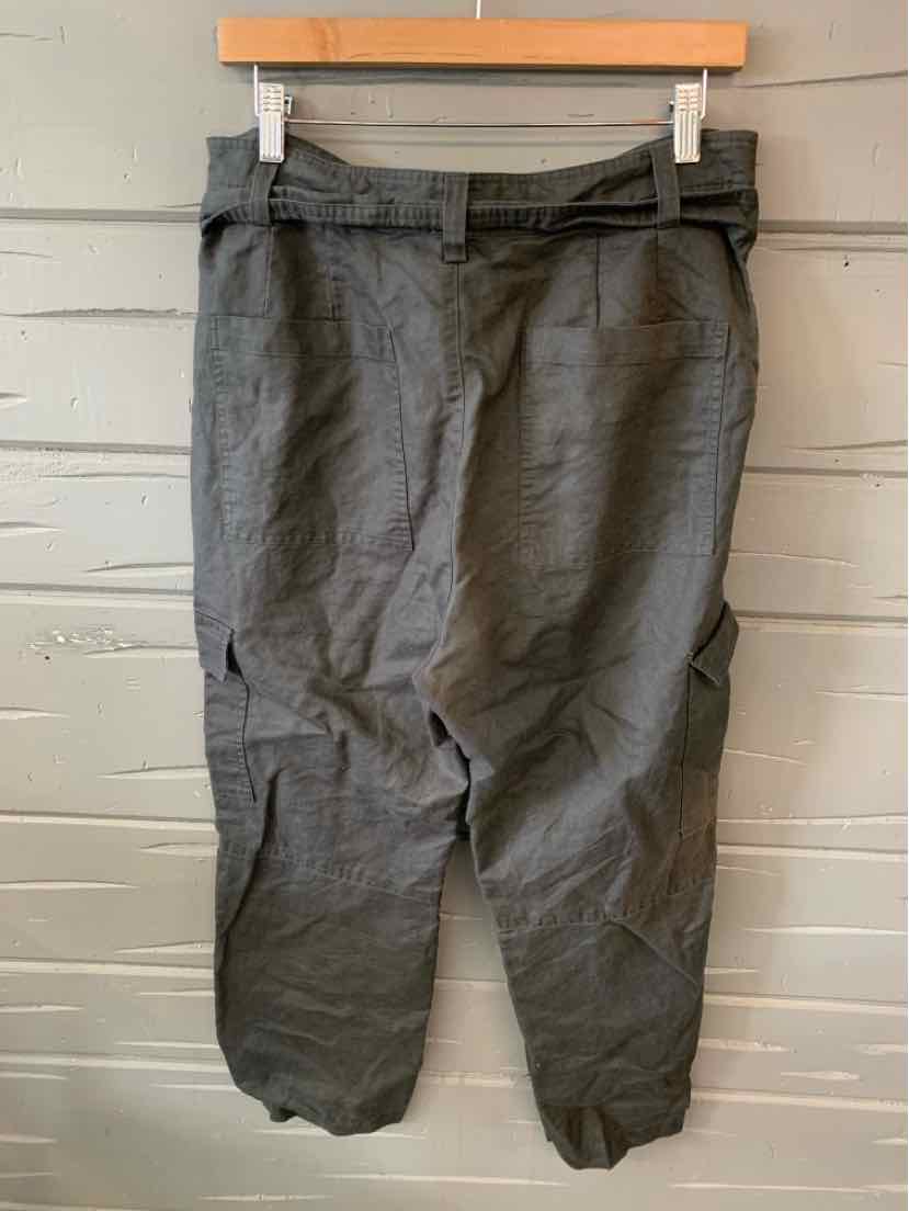 Gray mid-rise cropped pants with adjustable belt and tapered legs.