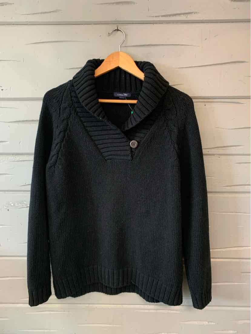 Black knit sweater with shawl collar and single button closure, long sleeves, ribbed cuffs and hem.
