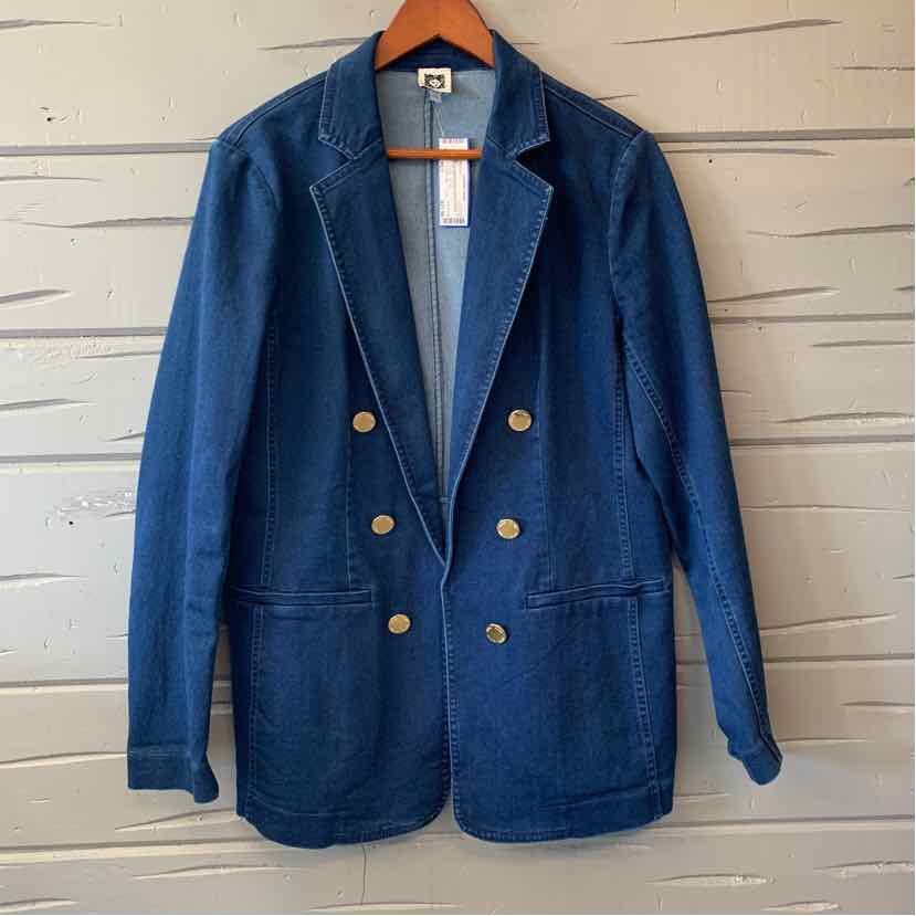 Dark blue double-breasted blazer with gold buttons and notched lapel collar.
