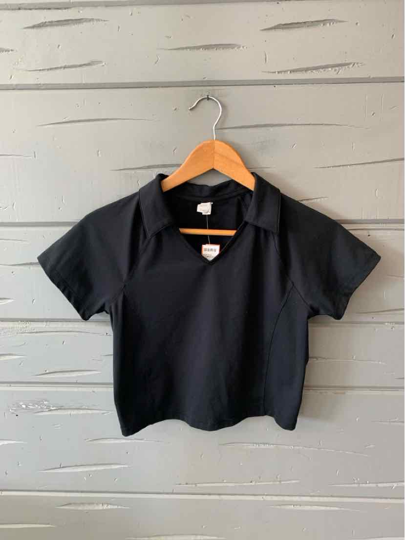 Black short-sleeve collared athletic top with zipper neck in medium size.