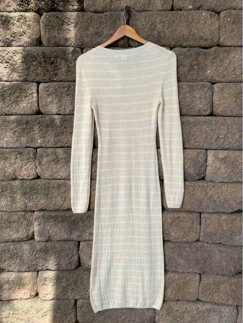 Beige knit dress with white horizontal stripes, long sleeves, and a fitted silhouette in size XS.