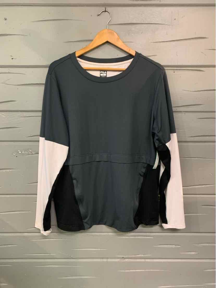 Long-sleeve FILA top with dark gray body, white lower sleeves, and black side panels, size 1X.