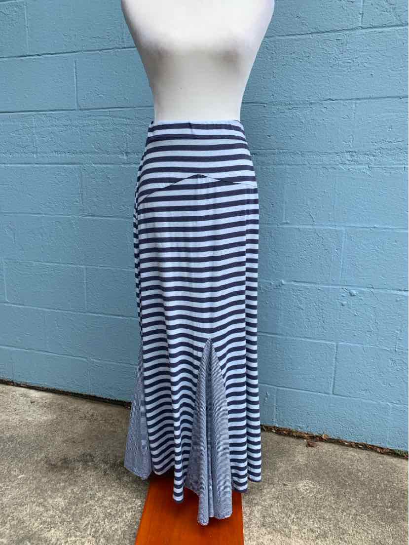 Blue and white striped midi skirt with flared hem and fitted waist.