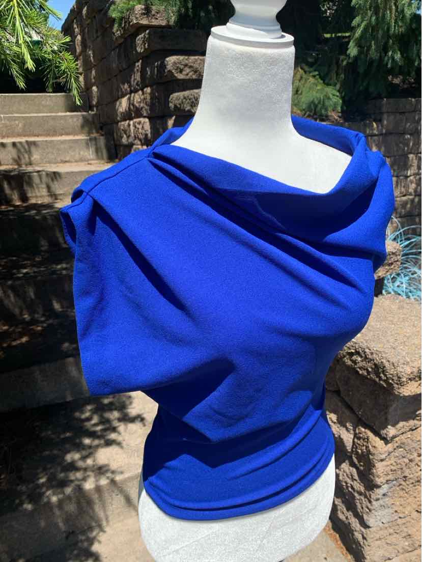 Royal blue sleeveless top with wide cowl neckline and fitted waist in soft fabric.