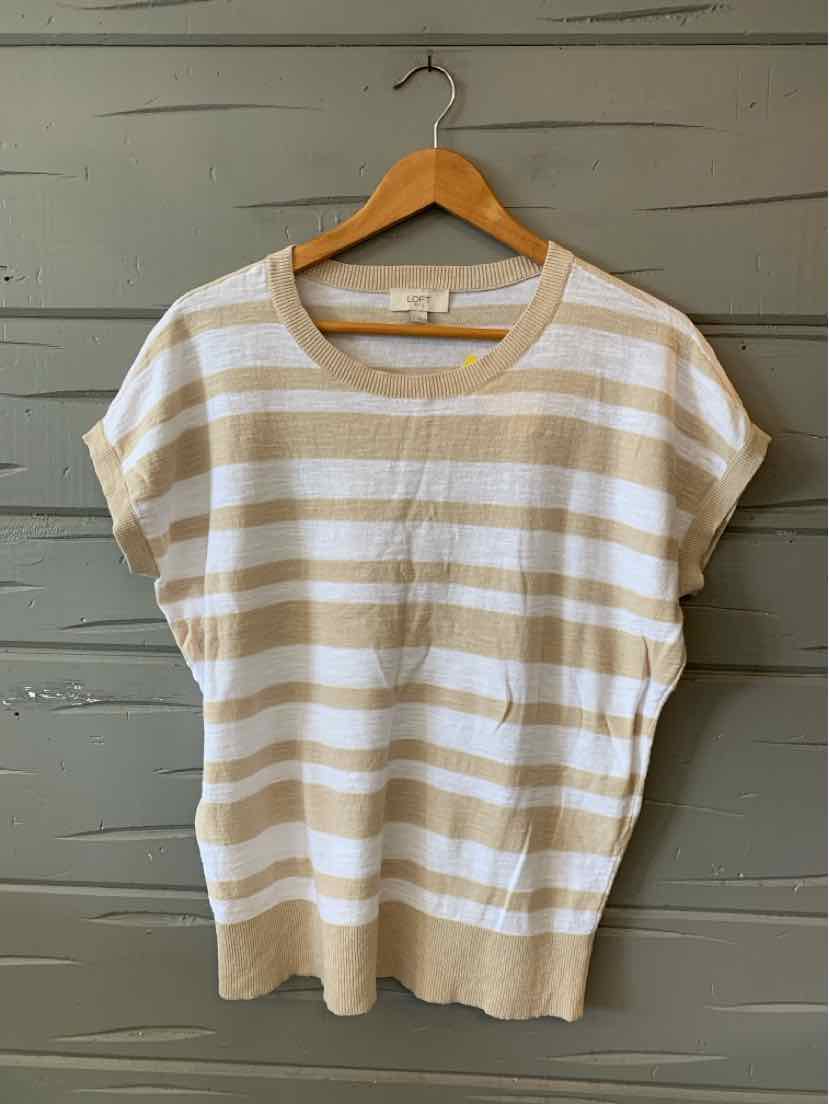 Tan and white striped short-sleeve knit top with crew neck and relaxed fit in size large.