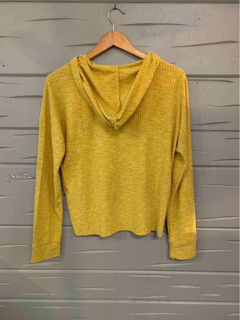 Light mustard yellow long-sleeve hoodie with a soft knit texture and relaxed fit.