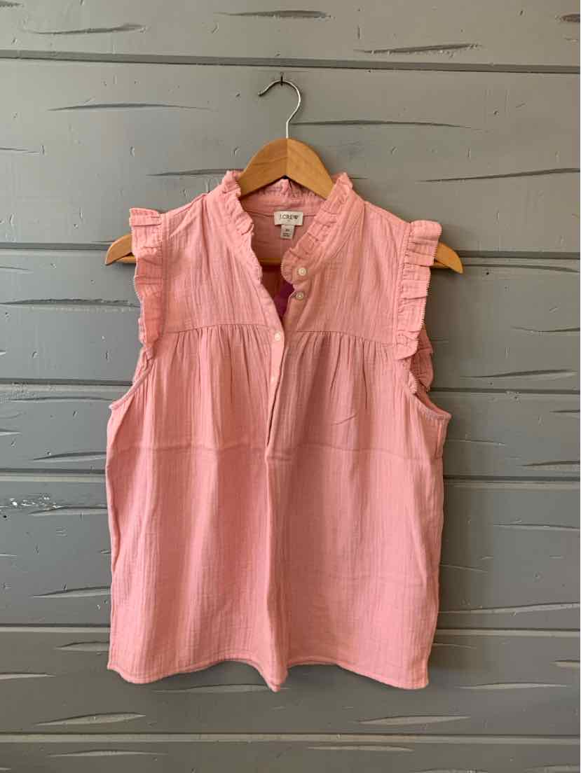 Sleeveless pink blouse with ruffled collar and buttoned front, medium size.