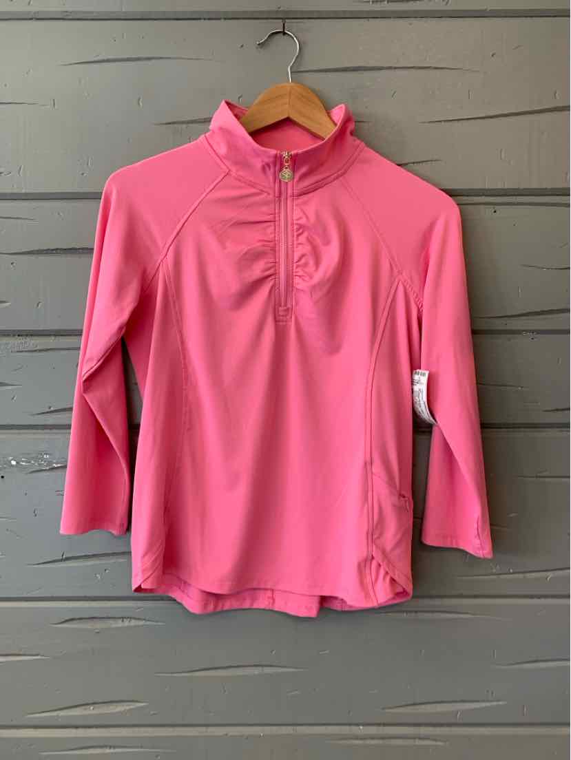 Pink long-sleeve pullover with quarter-zip and ruched high collar on wooden hanger.