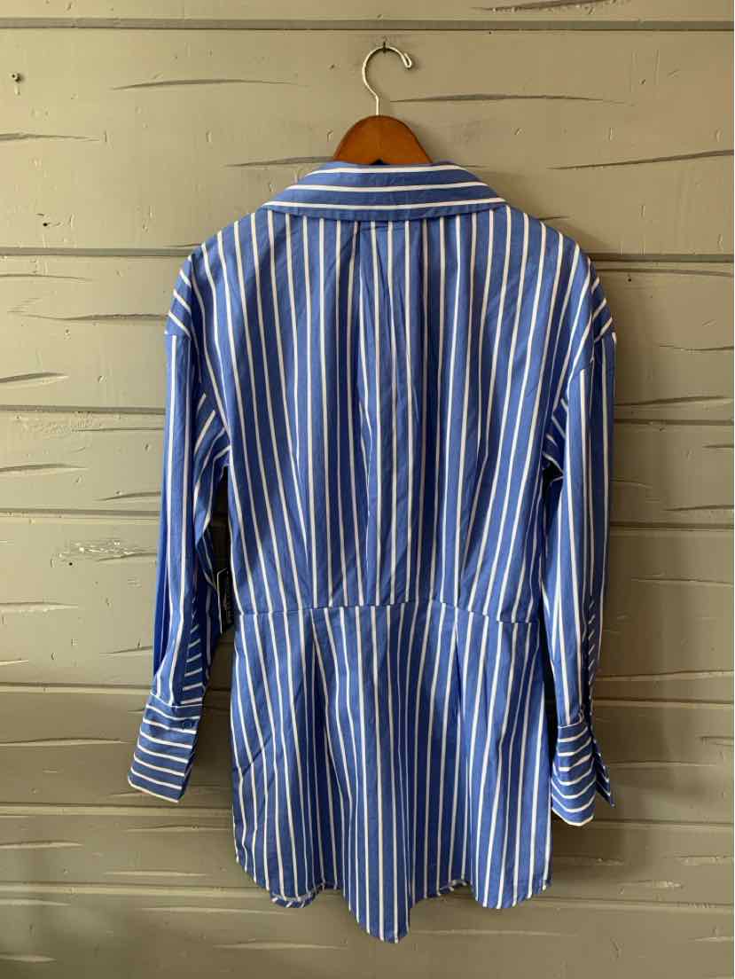 Blue and white vertical striped long-sleeve shirt with a tailored waist and classic collar hanging on wooden hanger.