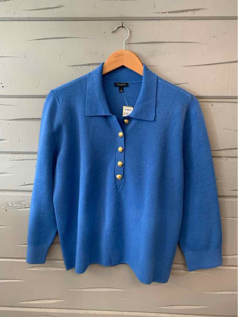 Blue long-sleeve knit sweater with collar and seven gold buttons, size large.