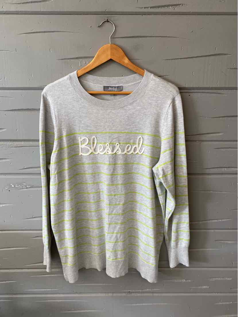 Light gray marled long-sleeve sweater with thin horizontal lime green stripes and white "Blessed" script across the chest.