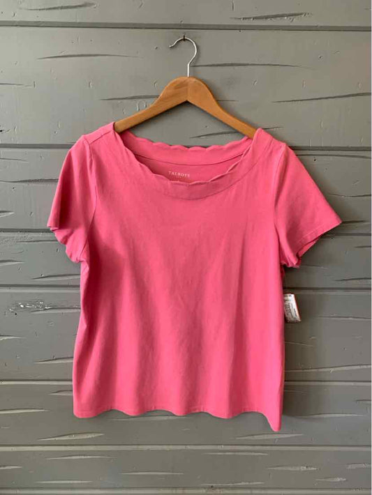 Pink short-sleeve ribbed knit top with scalloped neckline and hem, size large.