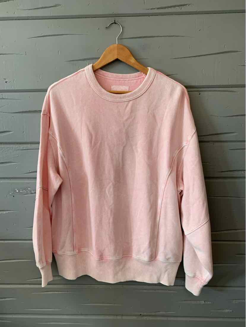 Light pink crewneck sweatshirt with long sleeves and ribbed cuffs, hem, and collar, hanging on wooden hanger against gray.