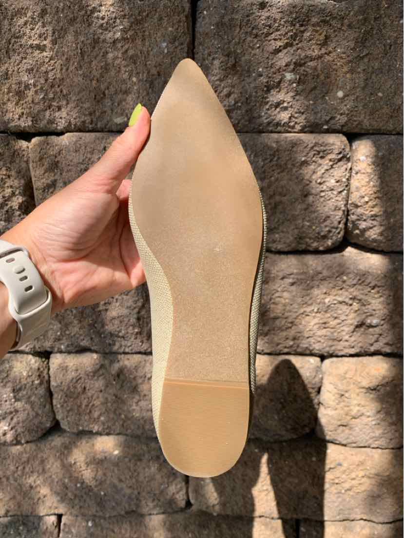 Beige pointed-toe flat shoe with smooth sole and a slight heel, held against a stone background.