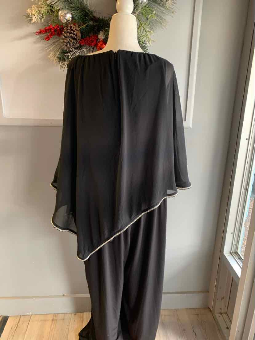 Black chiffon asymmetrical overlay jumpsuit with loose, flowing sleeve and wide-leg pants in XXL size.