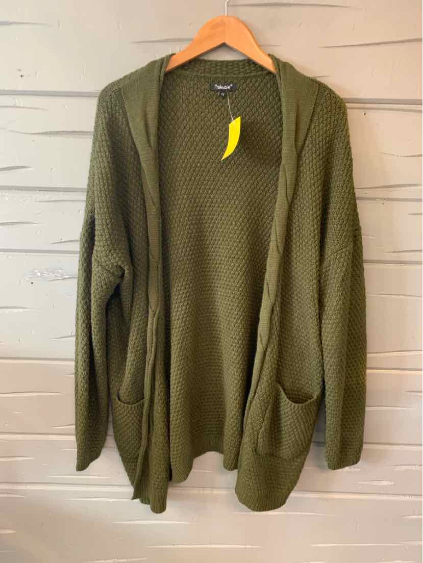 Olive green open-front knit cardigan with long sleeves and front pockets on wooden hanger.