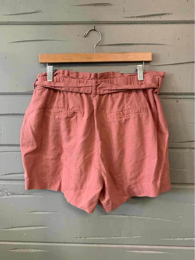 Rust-colored high-waist shorts with elastic waistband and gathered paperbag style, size 14.