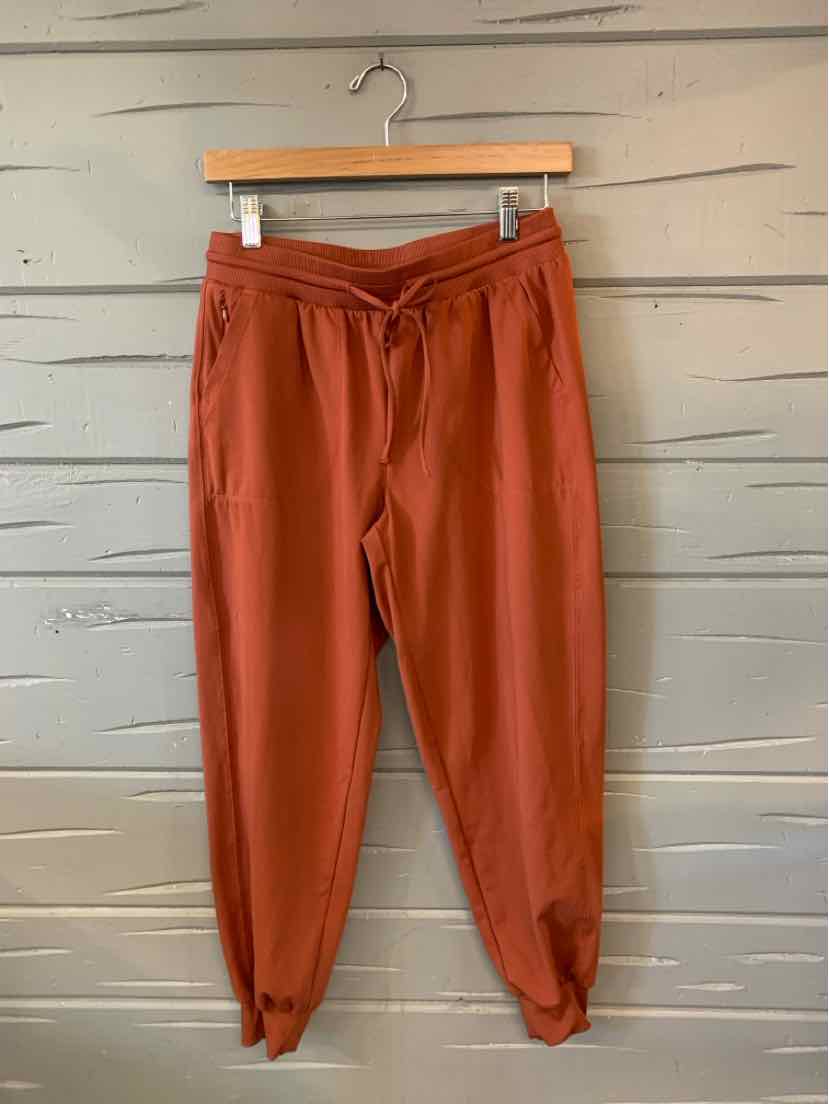 Rust-colored jogger pants with an elastic waistband and drawstring, tapered legs with cuffed hems.