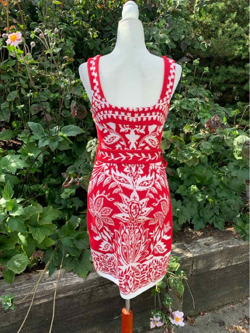 Red sleeveless dress with white paisley and floral embroidery, fitted silhouette, square neckline.