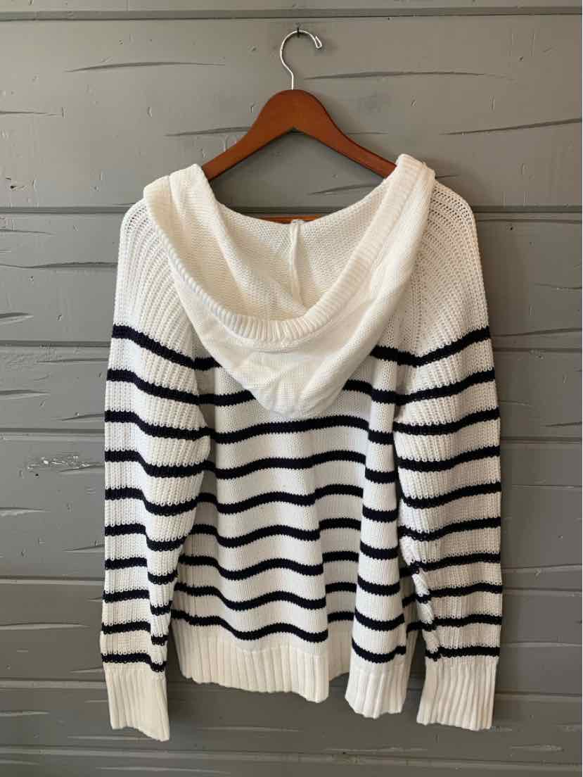 Women’s cream knit sweater with navy horizontal stripes, a draped cowl neckline, and ribbed cuffs and hem.