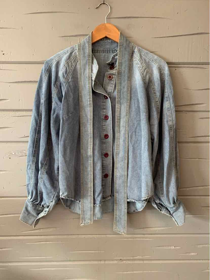 Light blue denim blouse with long puff sleeves, button-down front, and attached scarf collar hanging on wooden hanger.