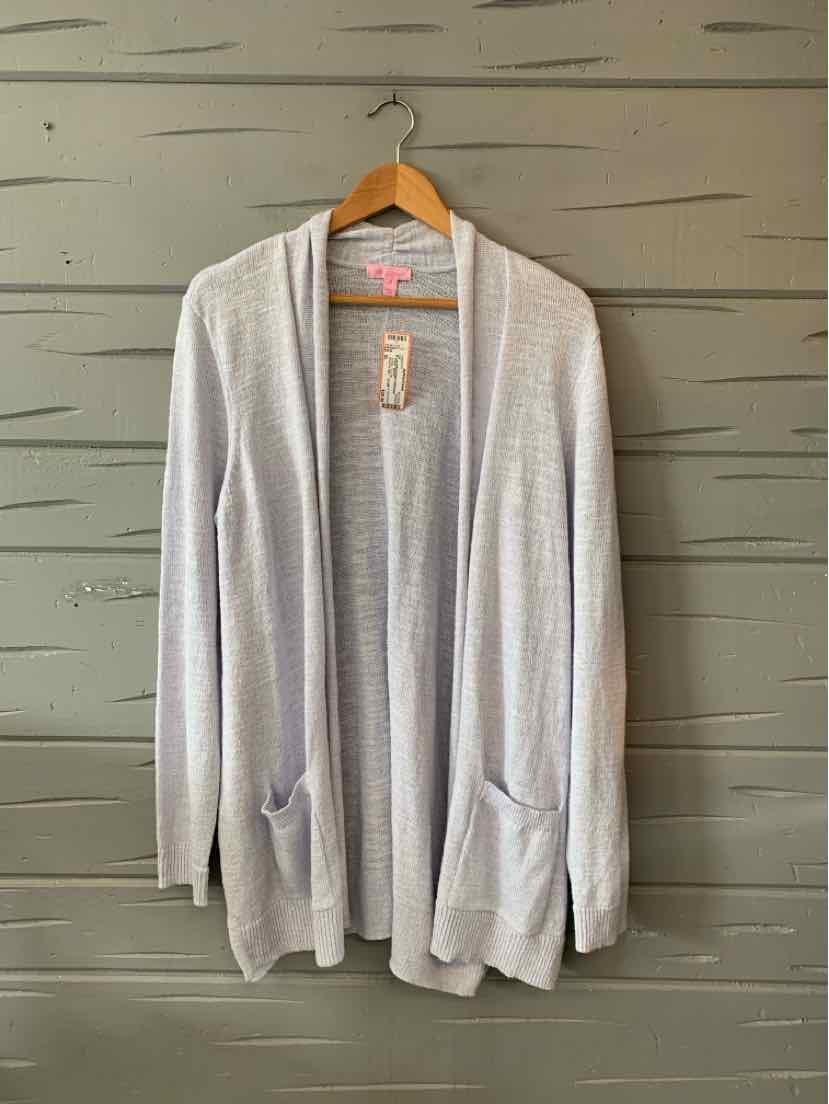 Light gray open-front cardigan with long sleeves and two front pockets, soft knit fabric, relaxed fit XL.