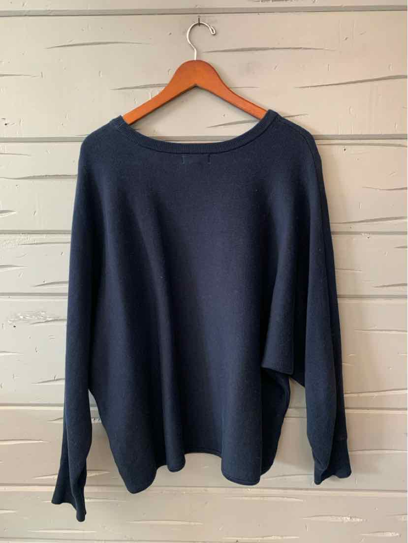 Dark navy blue long-sleeve lightweight sweater with wide boat neckline, size XL.