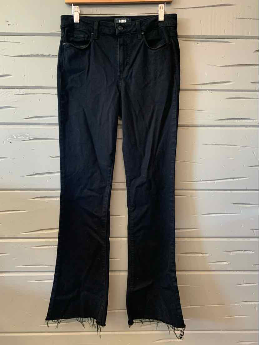 Black denim jeans with raw hem detail, size 28, perfect for casual women's fashion.