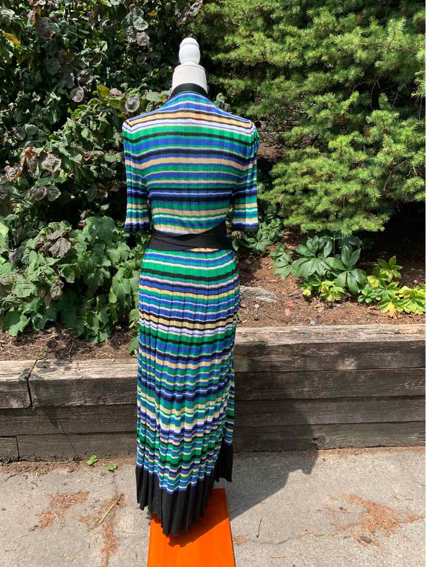 Blue, green, and black horizontal striped midi dress with short sleeves and a pleated skirt.