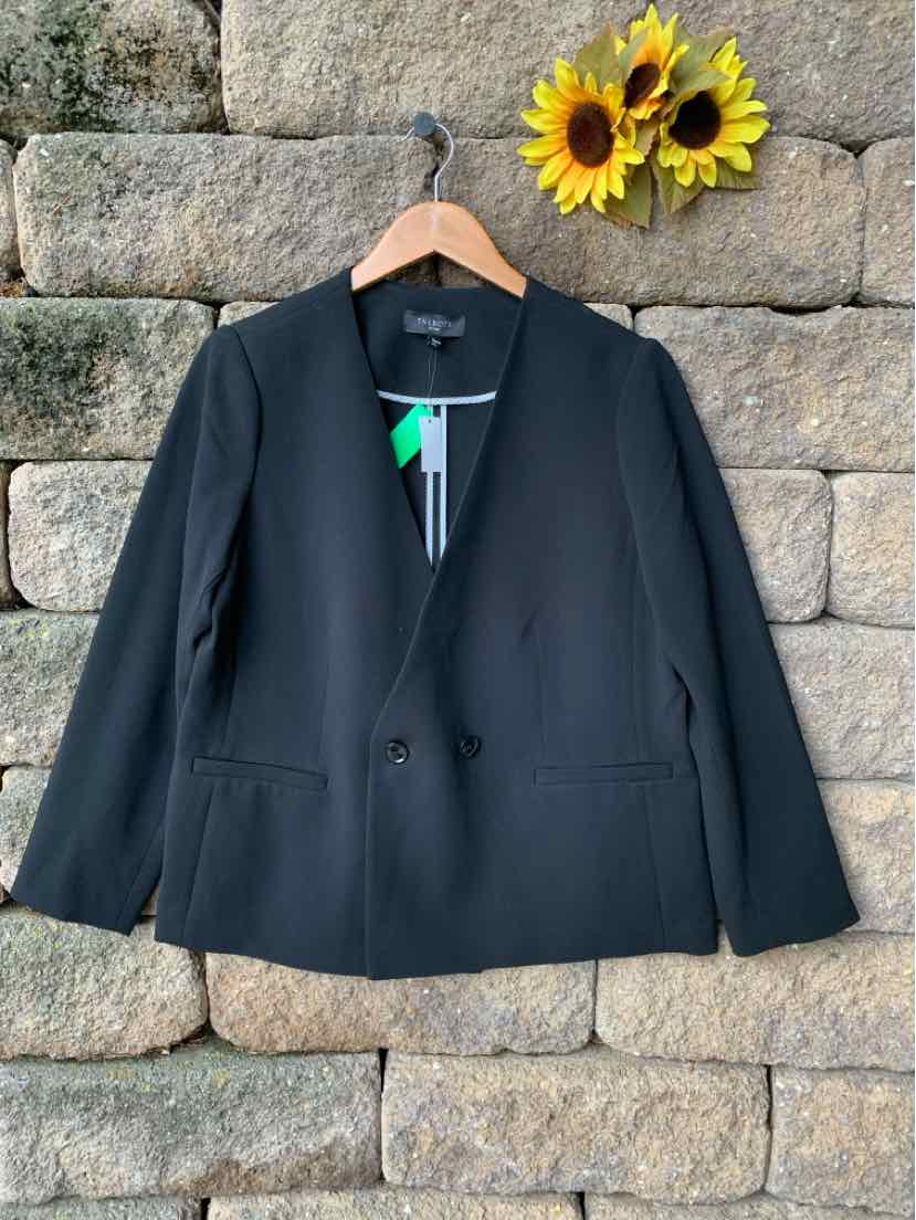 Black tailored women's blazer with single-button closure and front pockets, size 12P.