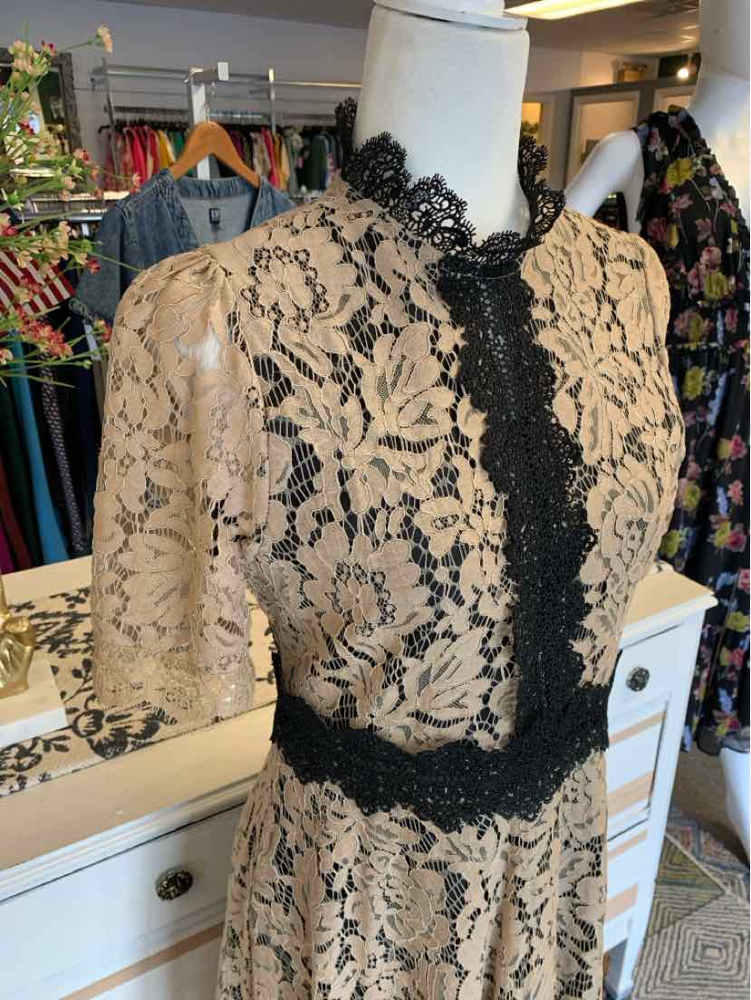 Nude lace dress with black floral lace trim along the neckline, waist, and shoulders, featuring short sleeves and a fitted.