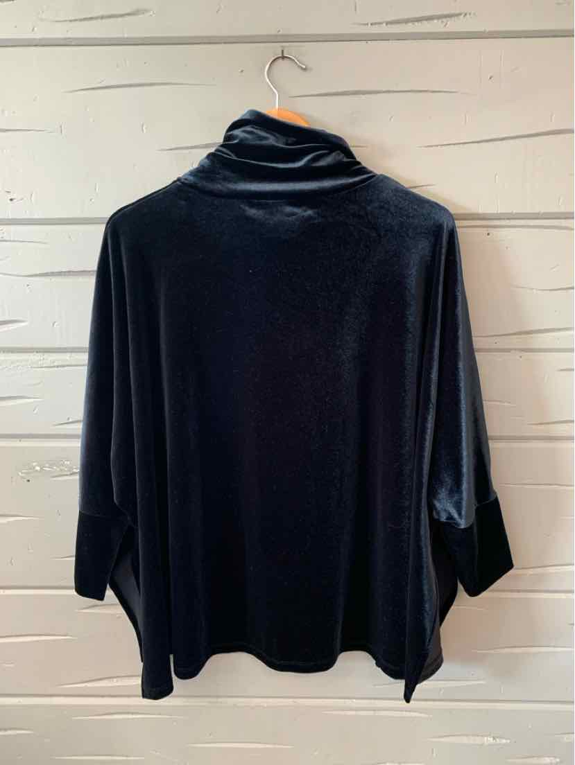 Black velvet long-sleeve top with loose fit and draped turtleneck collar, size medium.