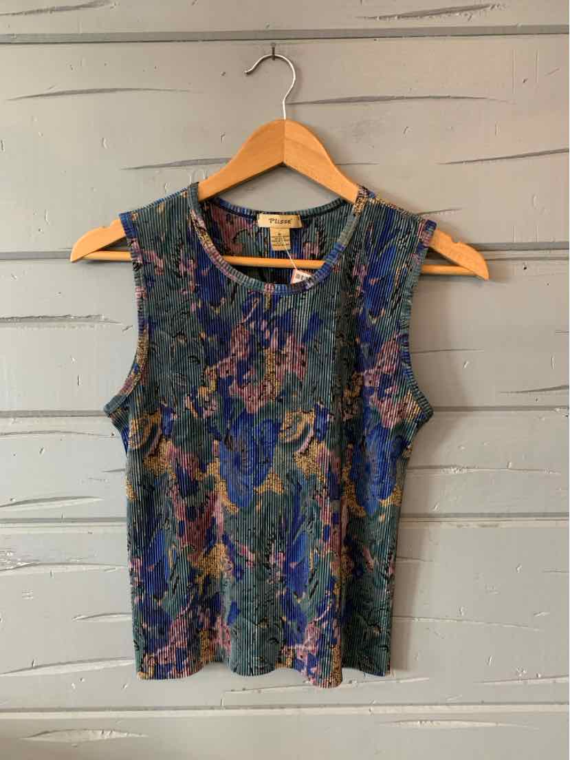 Sleeveless floral top with blue, purple, and green pleated fabric in medium size.