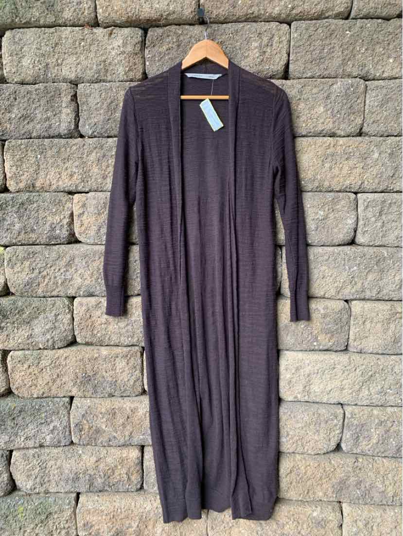Long charcoal gray open-front cardigan with a ribbed texture and full-length sleeves.