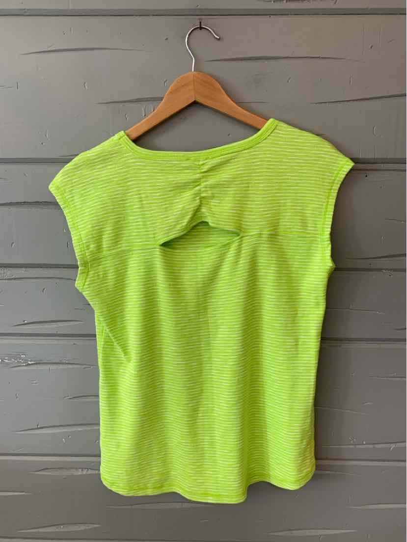 Bright green short-sleeve top with textured fabric and keyhole back detail on wooden hanger.