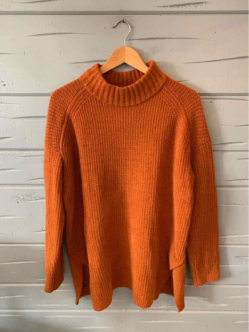 Rust orange ribbed knit sweater with high crew neck and long sleeves in size XL.